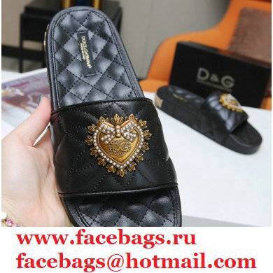 Dolce & Gabbana Matelasse Leather Beachwear Sliders Black with Devotion Heart 2021 - Click Image to Close